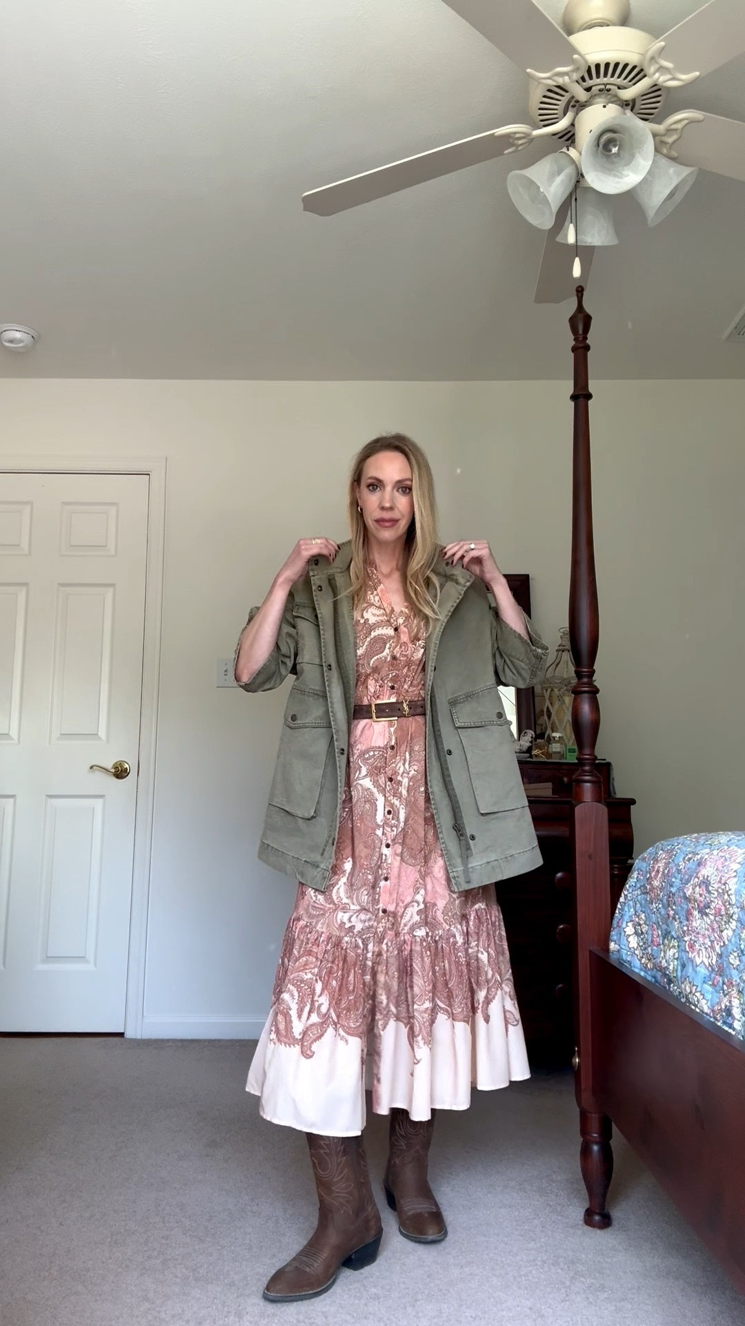Transitional outfit with paisley maxi dress, utility jacket and cowboy boots

#LTKOver40 #LTKSeasonal #LTKgrwm