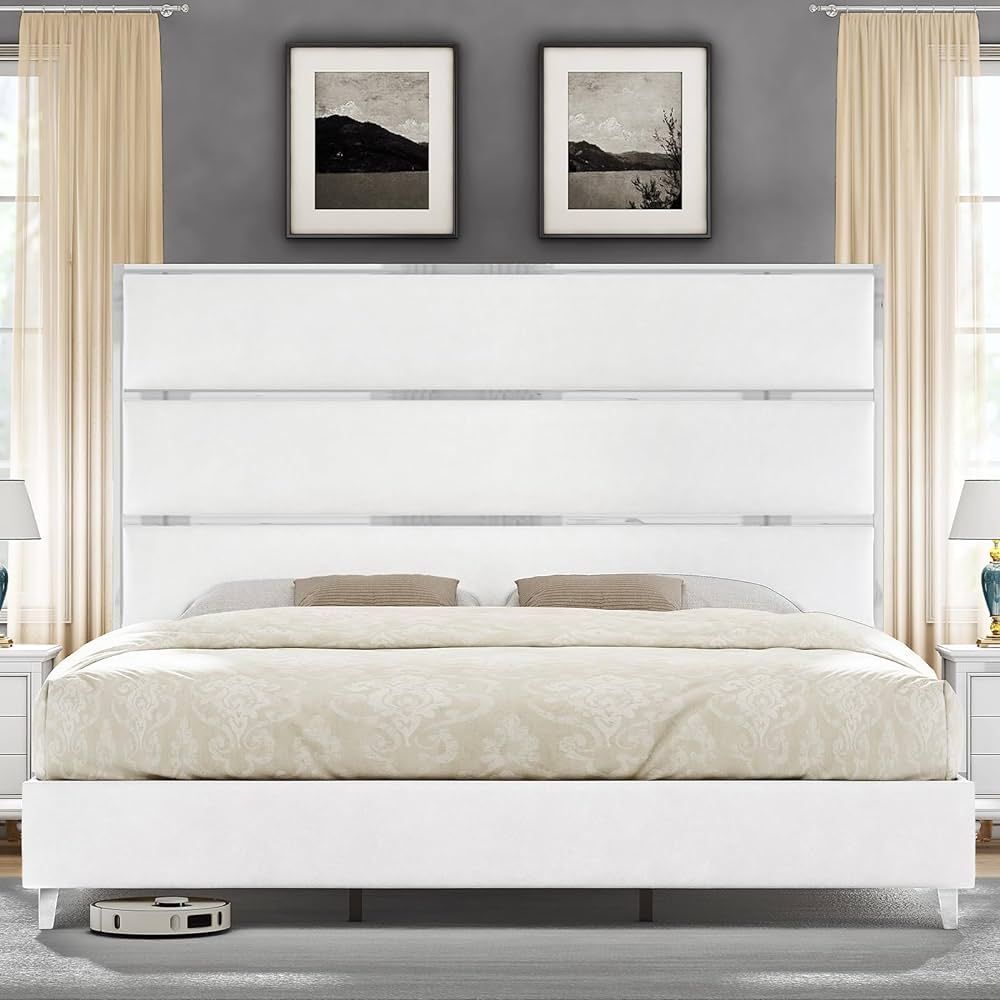 Queen Bed Frame with 59" Tall Headboard, Velvet Upholstered Platform Bed with Mirrored Silver Pla... | Amazon (US)