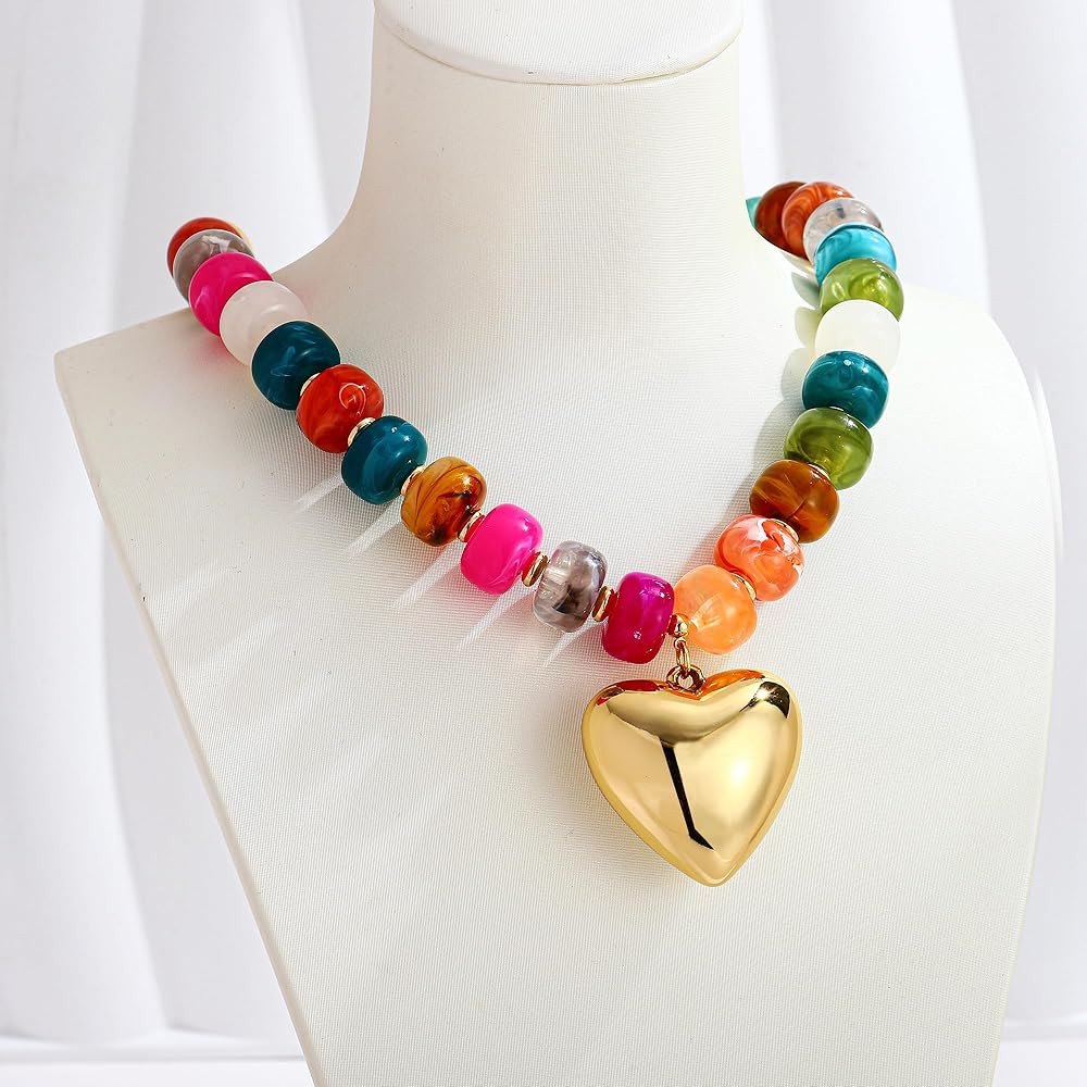 WOWORAMA Chunky Heart Necklaces for Women Colorful Resin Beaded Choker Necklace Gold Puffy Heart ... | Amazon (US)