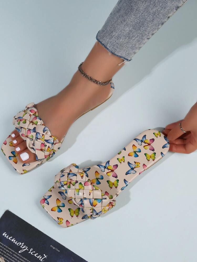 Butterfly Graphic Braided Design Slide Sandals | SHEIN