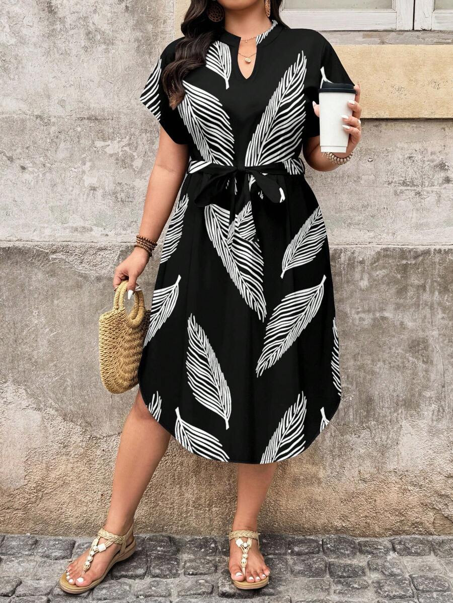 EMERY ROSE Plus Size Black Leaf Texture Print Casual Dress, Suitable For Summer,Holiday Outfits F... | SHEIN