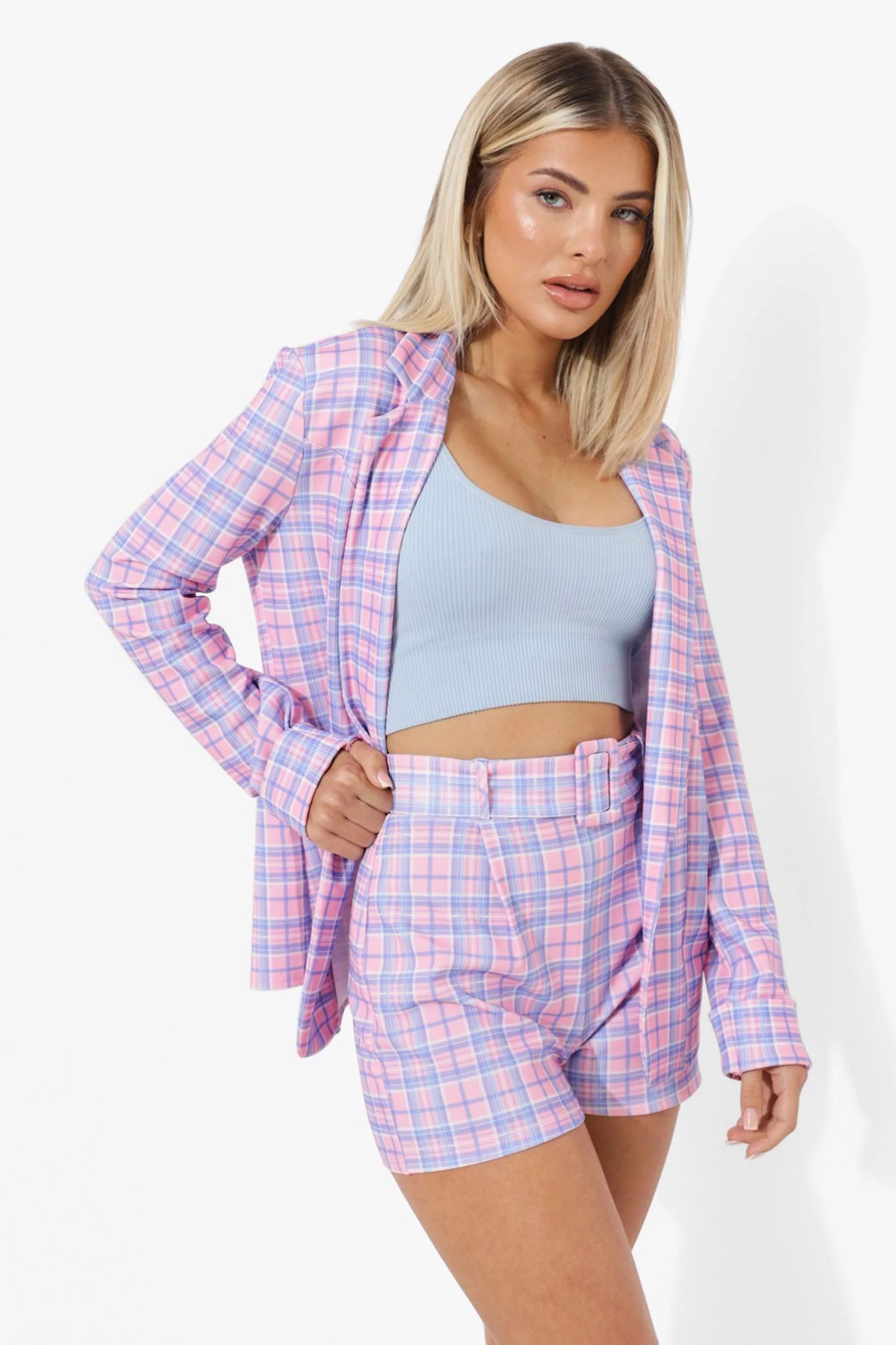 Pastel Check Belted Tailored Shorts | Boohoo.com (US & CA)