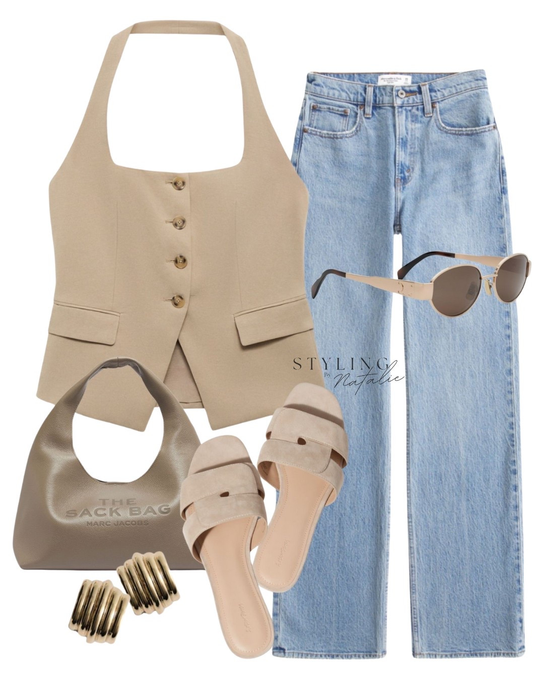 Summer waistcoat styling 🤎
Beige halter neck buttoned vest  paired with high-waisted light-wash jeans for a clean, tailored silhouette. Suede sandals a taupe Marc Jacobs “Sack Bag,” bold gold earrings and modern  sunglasses for a polished look, perfect for brunch or a casual day out. Chic & Casual Neutrals, summer outfits, city break style. Effortlessly stylish, casual chic.

#LTKeurope #LTKuk #LTKsummer