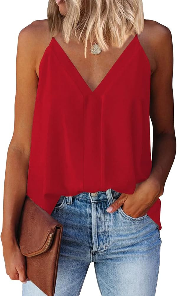 Womens V Neck Strappy Tank Tops Loose Casual Sleeveless Shirts Blouses | Amazon (US)