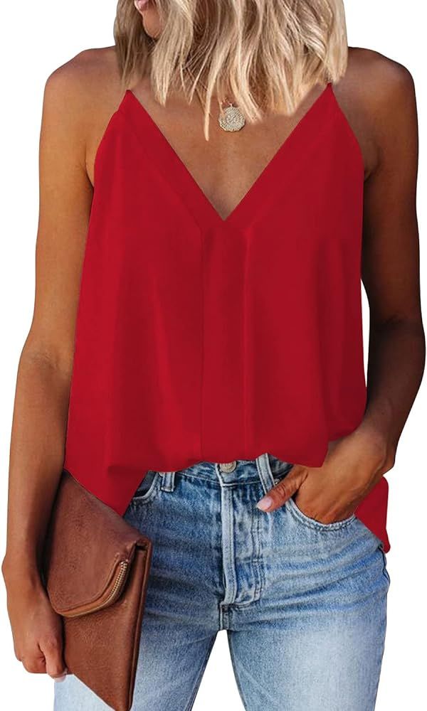 Womens V Neck Strappy Tank Tops Loose Casual Sleeveless Shirts Blouses | Amazon (US)