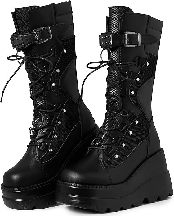 Tscoyuki Womens Goth Platform Boots Chunky Wedge Heel Rave Combat Boots Lace Up and Zipper Round ... | Amazon (US)