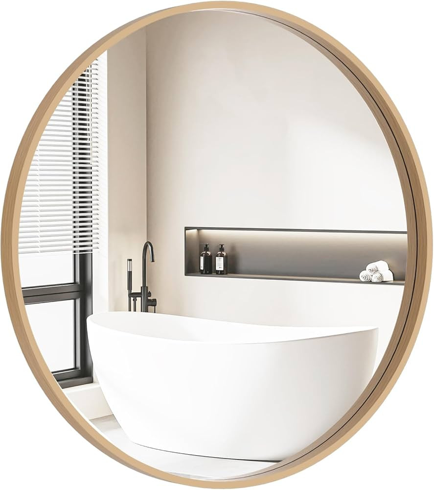 HOMECOOKIN Round Wood Mirror, 28" Round Bathroom Wall Mirror Circle Mirrors for Wall Decor, Vanit... | Amazon (US)