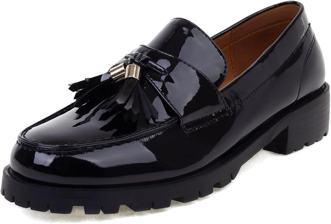 RUSAUISE Women's Patent Leather Tassel Chunky Loafer Casual Slip On Platform Loafer Shoes | Amazon (US)