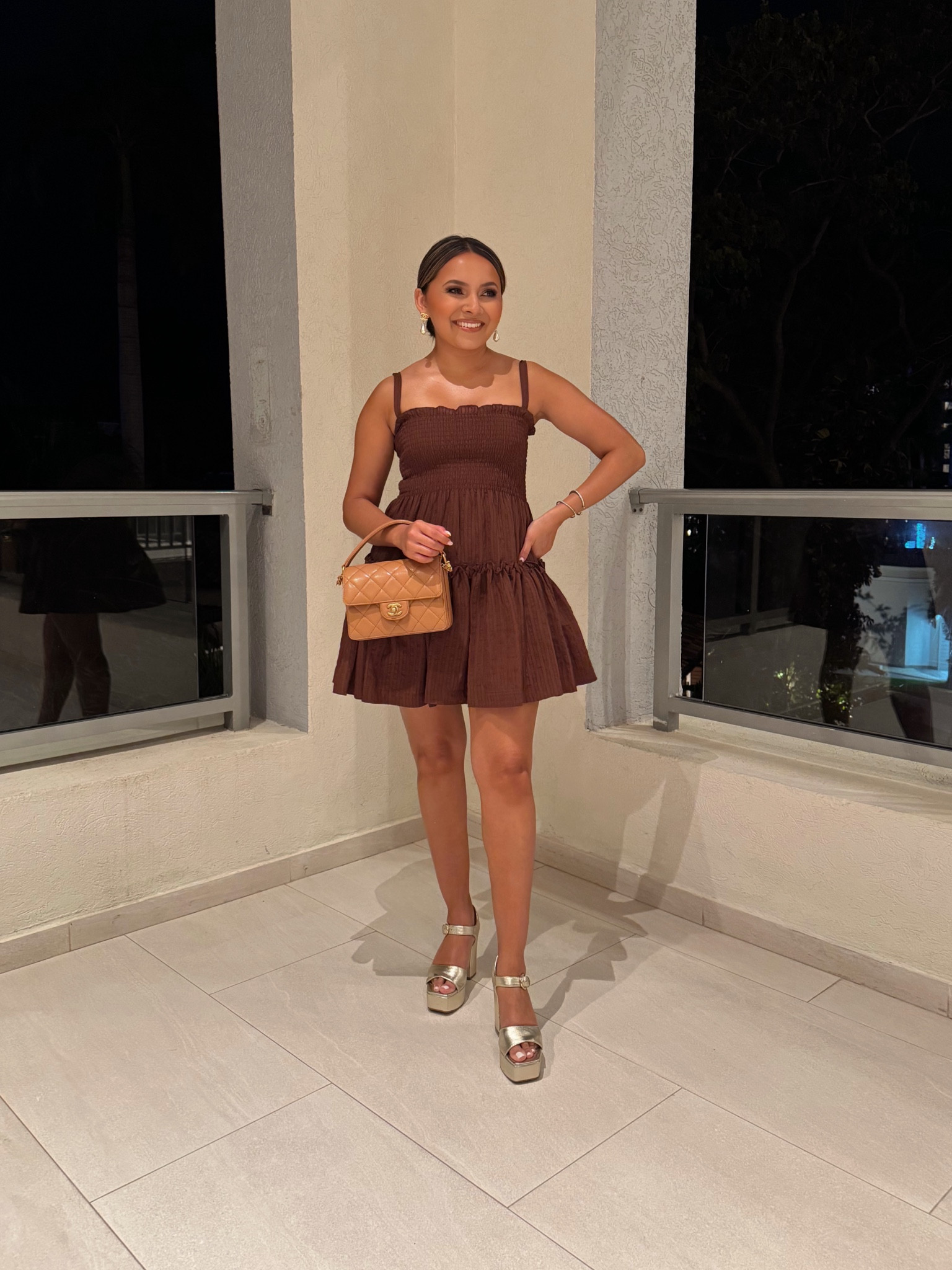 Chocolate brown dress size xxs - stretchy in the bust, fit and flare style
Gold platform heels size 5 - similar linked 

Vacation outfits
Brown dress
Beach 
Spring
Summer
Petite 

#LTKStyleTip #LTKShoeCrush #LTKTravel