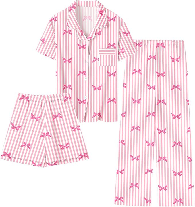 Umeyda Girls Modal 3 Piece Pajamas Set Button Down PJs Set Soft Loungewear Short Sleeve Sleepwear | Amazon (US)