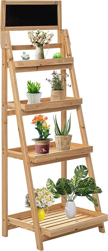Wooden 4-Tier Chalkboard Ladder Shelf, Flower Plant Pot Display Shelf Bookshelf, Plant Flower Sta... | Amazon (US)