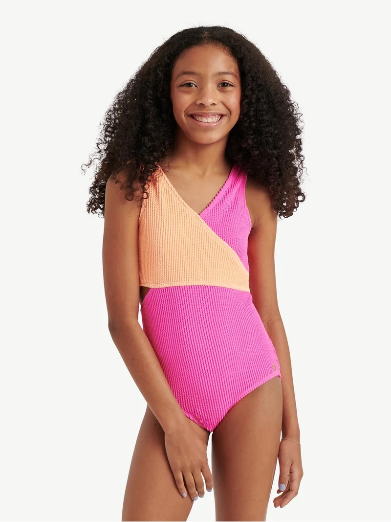 Justice Girls One Piece Color Block Wrap Swimsuit, sizes XS-XL | Walmart (US)