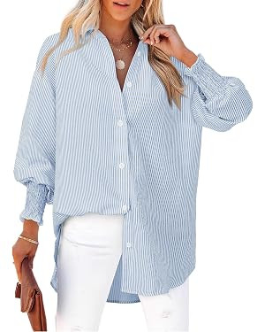Women's Striped Button Down Shirts Long Sleeve Smocked Cuffed Oversized Boyfriend Blouses Collare... | Amazon (US)