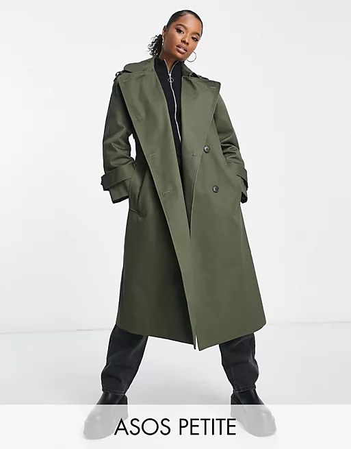 ASOS DESIGN Petite longline trench coat in khaki | ASOS (Global)