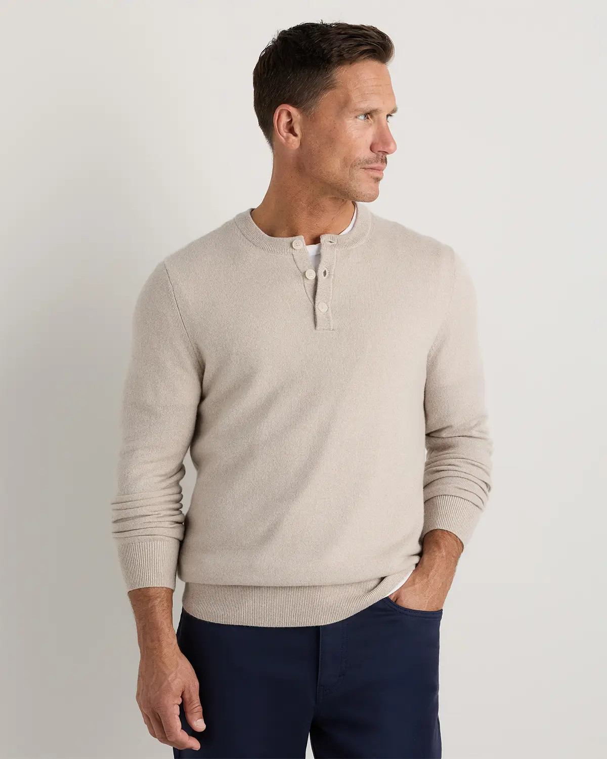 Mongolian Cashmere Henley Sweater in Heather Cloud Beige | Quince