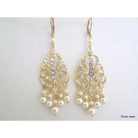 Gold Bridal Chandelier Earrings, Pearls & Rhinestones, Wedding Jewelry For Brides, Leverbacks, Dina | Etsy (US)