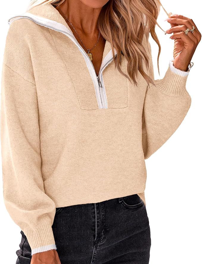BTFBM Women's 2023 Fall Winter Half Zip Fleece Pullover Sweaters Casual V Neck Long Sleeve Ribbed... | Amazon (US)