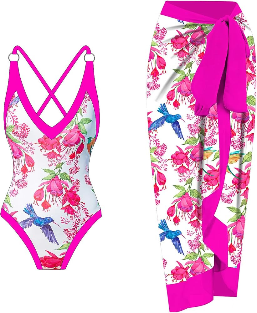 Women One Piece Swimsuit with Cover up Set High Waisted Beach Wrap Skirt Two Piece Bathing Suit | Amazon (US)