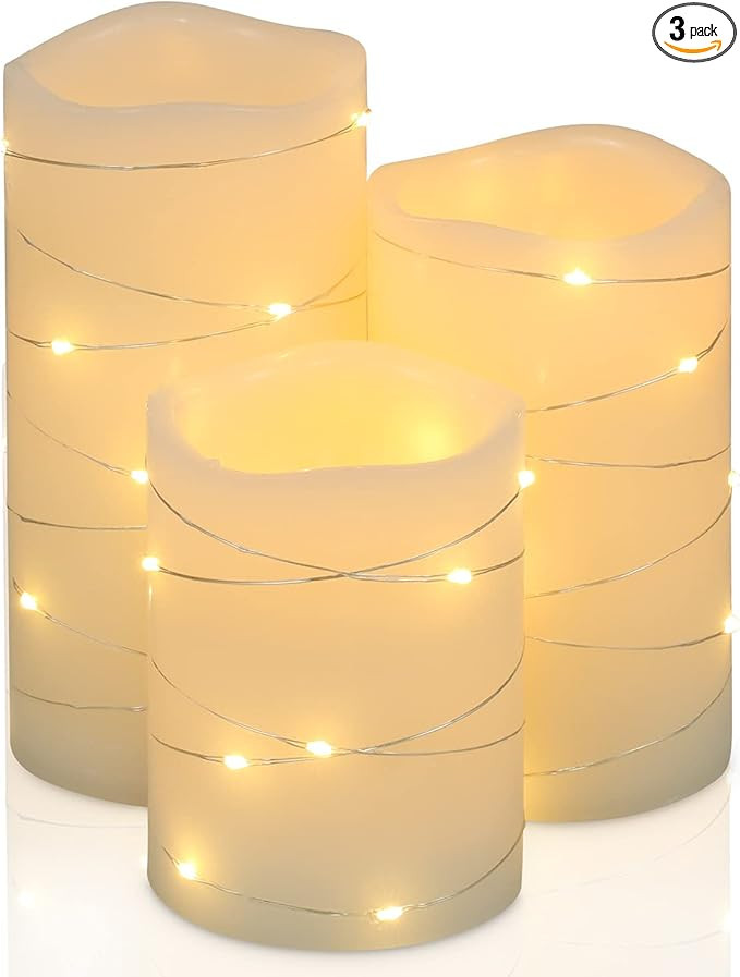 H-BLOSSOM Flickering Flameless Candles Ivory Real Wax Pillar with Embedded String Lights LED Cand... | Amazon (US)