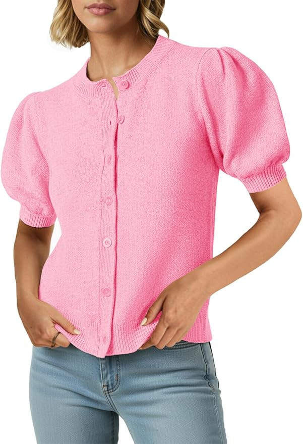 Saodimallsu Womens Puff Short Sleeve Cardigans Casual Summer Button Down Lightweight Knit Crew Ne... | Amazon (US)