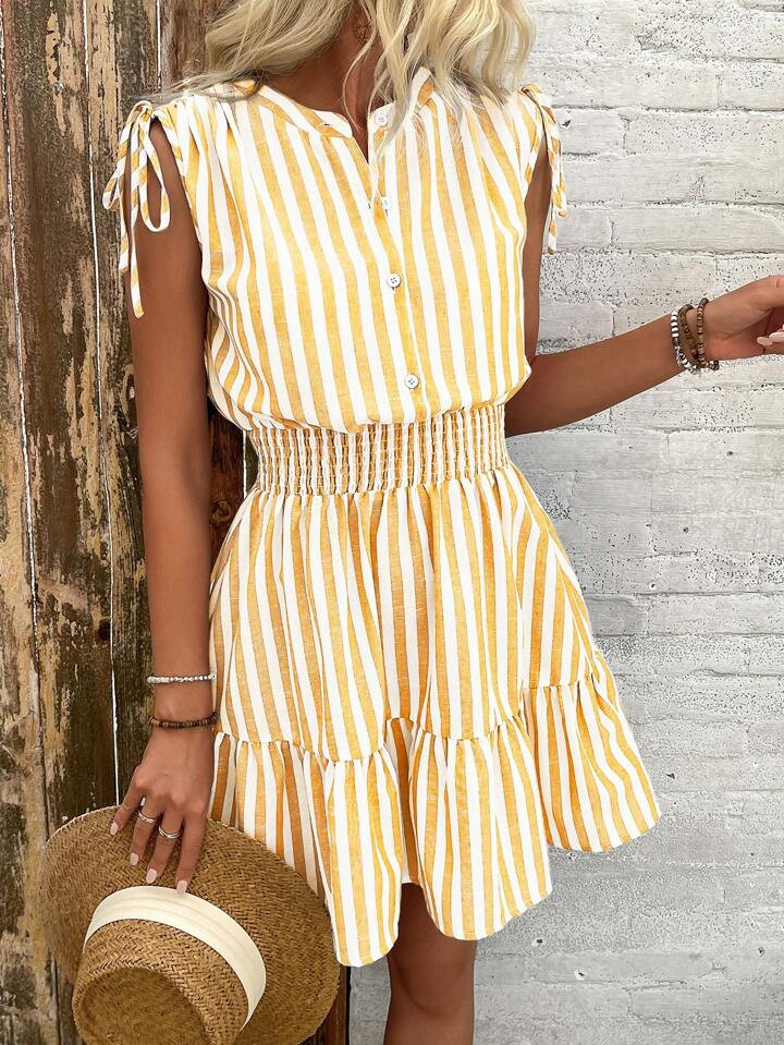 Breezaya Women's Blue & White Striped Cotton Ruffle Shoulder Bowknot-Up Waist Dress, Summer | SHEIN