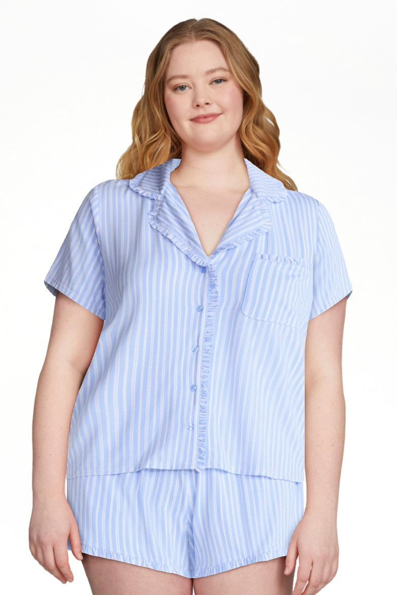 Joyspun Women\u2019s Modal Ruffle Trim Short Sleeve Notch Top and Shorty Pajama Set, 2-Piece, Siz... | Walmart (US)
