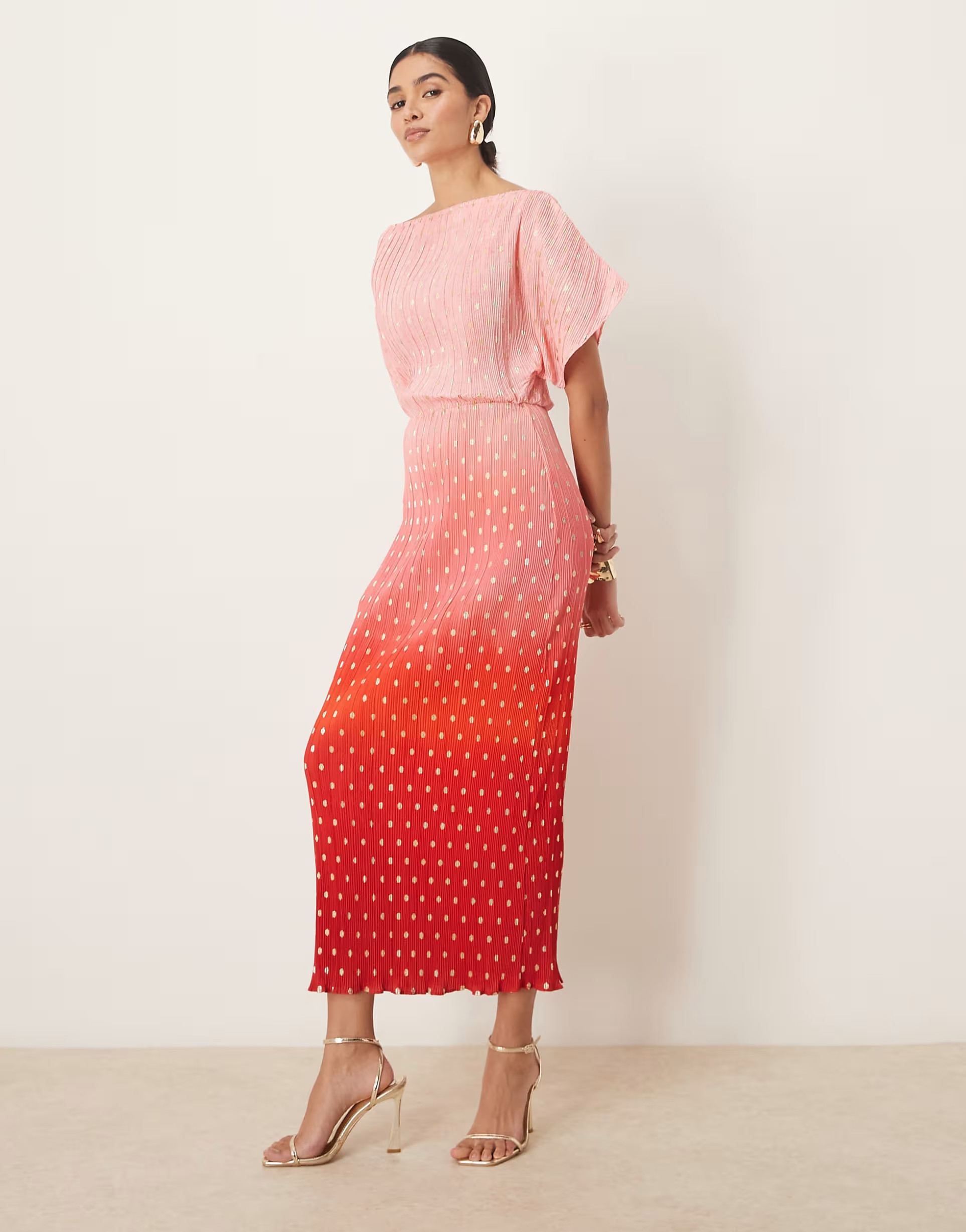Never Fully Dressed Tilly off shoulder plisse maxi dress in sunset ombre | ASOS (Global)