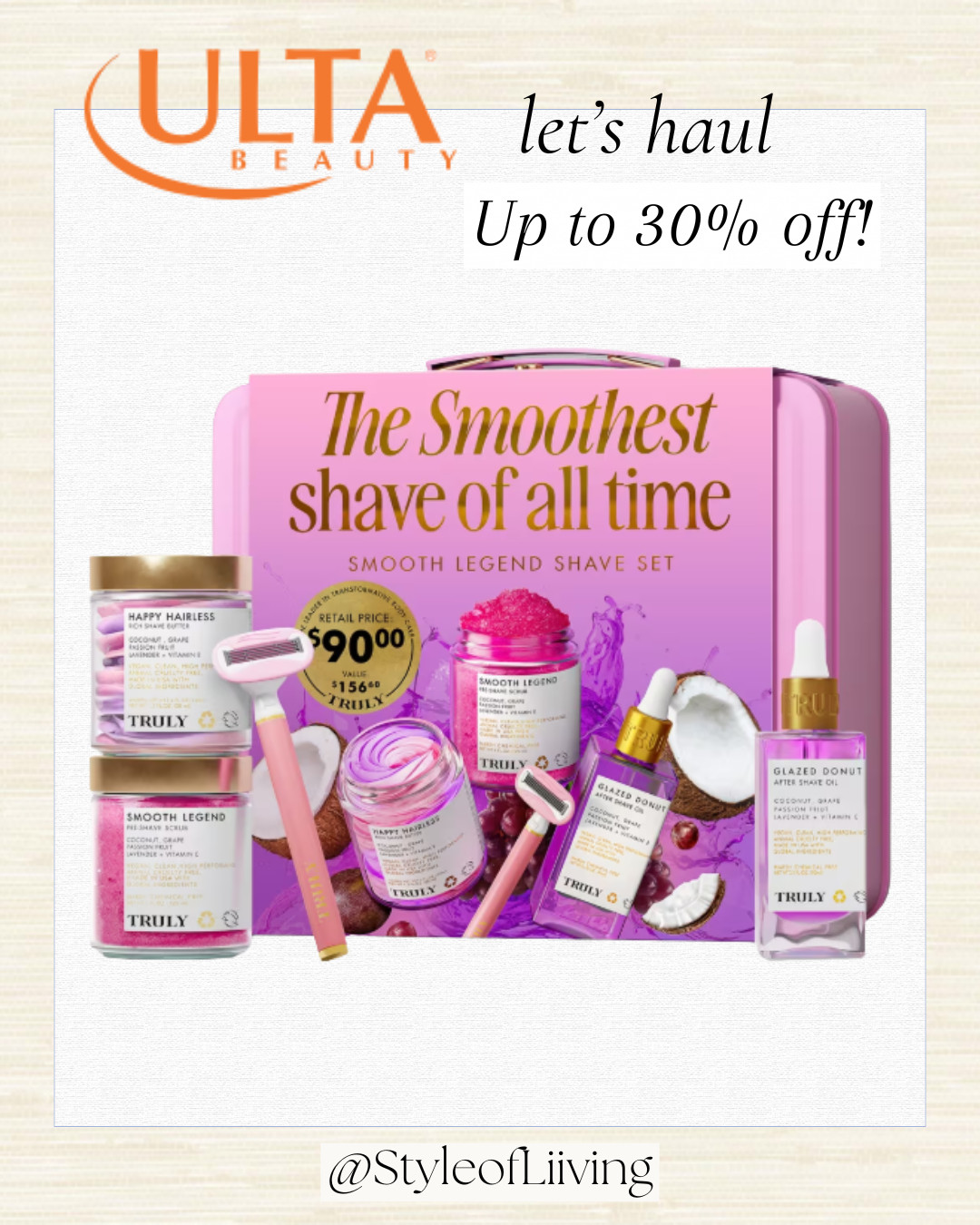 Let's haul! Up to 30% off these beauty products from Ulta! Few days only!

Truly's Smooth Legend Shave Kit features a pre-shave scrub, shave butter, after shave oil, and magnetic razor for a silky smooth, long-lasting shave without painful nicks and ingrowns. Clean ingredients, vegan.

#ulta #beautysale #ingrownhairs #truly #shaving #razor  

 #LTKselfcare #LTKSaleAlert #LTKBeauty