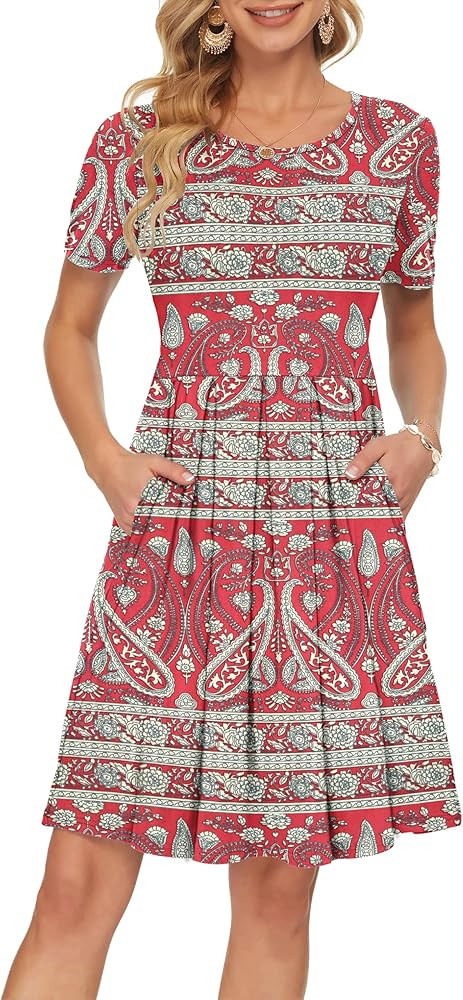 AUSELILY Womens Short Sleeve Mini Dresses Pleated Ruffle A Line with Button | Amazon (US)