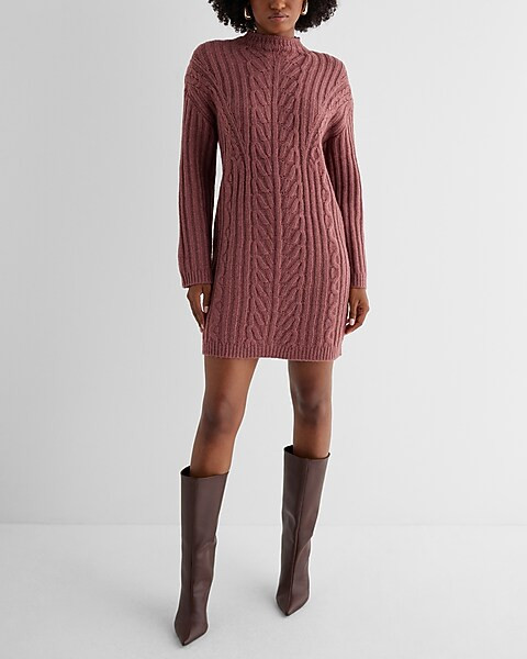 Cable Knit Mock Neck Long Sleeve Mini Sweater Dress | Express