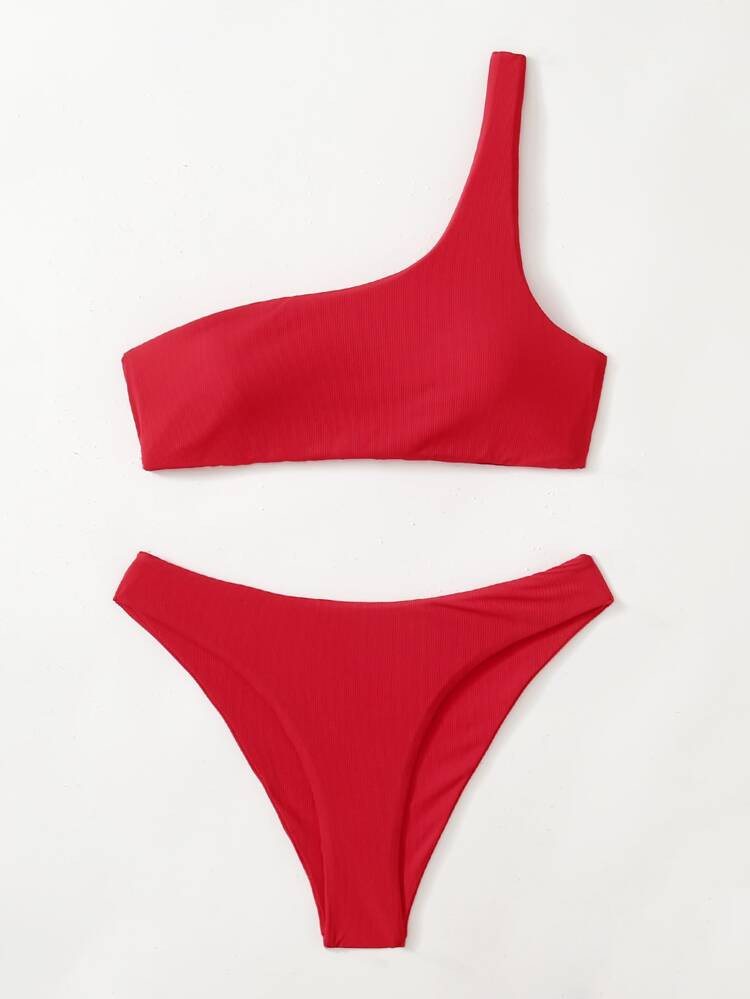 Rib One Shoulder Bikini Swimsuit | SHEIN