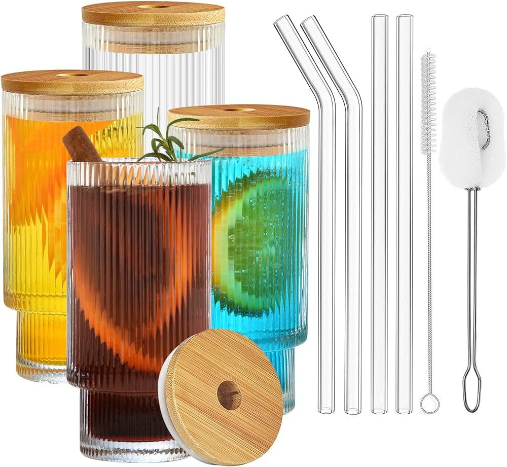 ALINK Ribbed Glassware 4pcs Set, Ribbed Drinking Glass Cups 11 oz with Bamboo Lids and Glass Stra... | Amazon (CA)