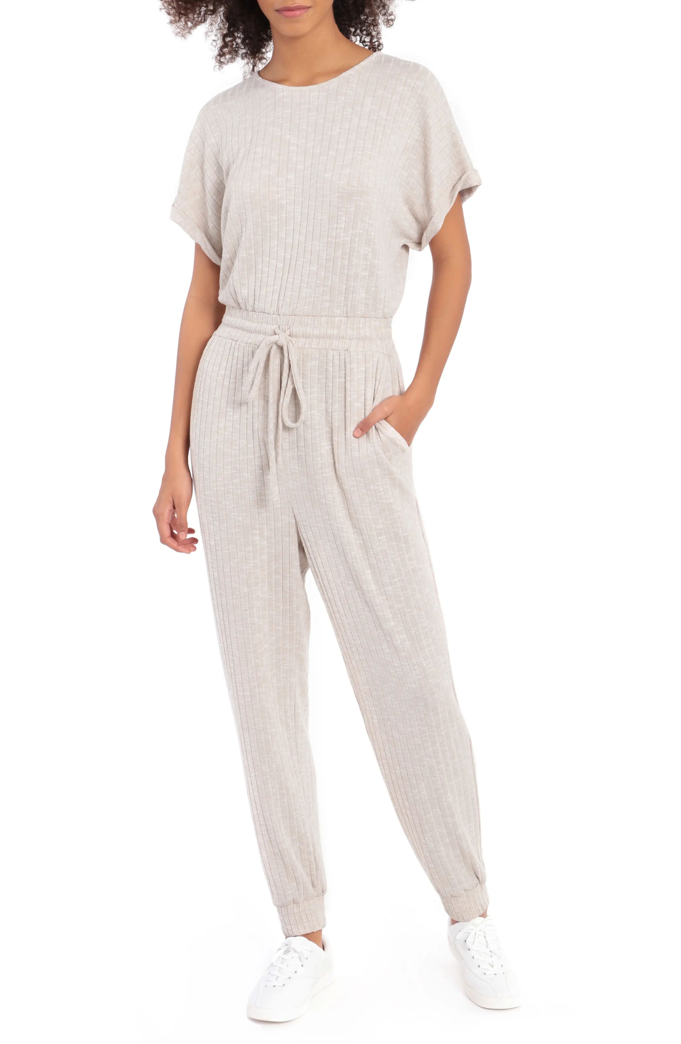 Women's Maggy London Spring Ribbed Short Sleeve Jumpsuit, Size 12 - Ivory | Nordstrom