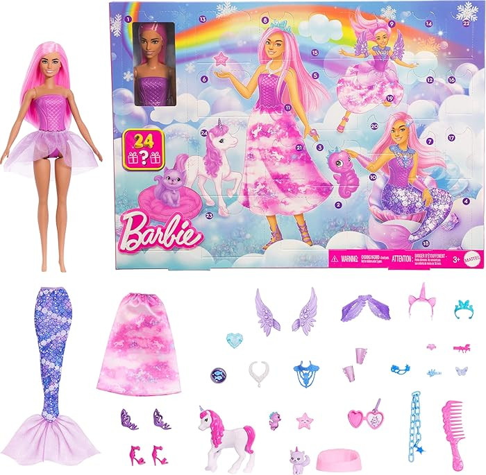 Barbie 2025 Advent Calendar with Doll & 24 Surprise Toy Accessories Including Unicorn & Pets, Tra... | Amazon (CA)