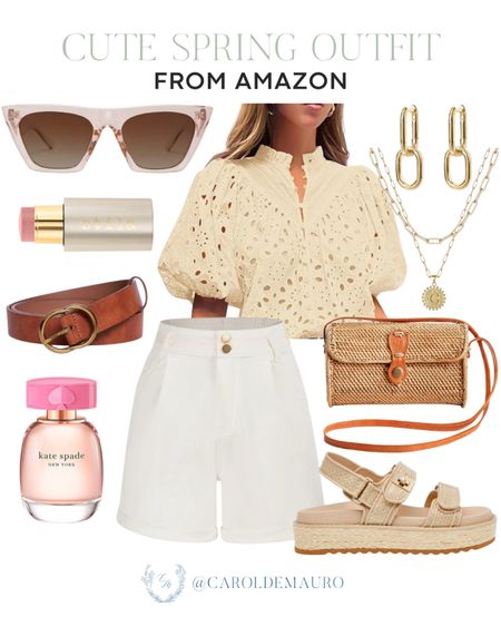 Shop this cute spring outfit idea! A beige eyelet top, white shorts, neutral sandals, a cute handbag, and more!
#amazonfinds #traveloutfit #casuallook #affordablefinds

#LTKtravel #LTKstyletip #LTKSeasonal