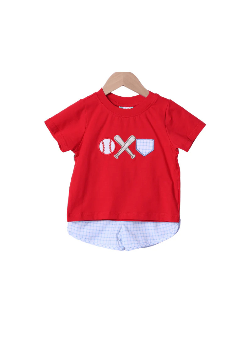 Baseball Applique Blue Gingham Knit Short Set | The Smocked Flamingo