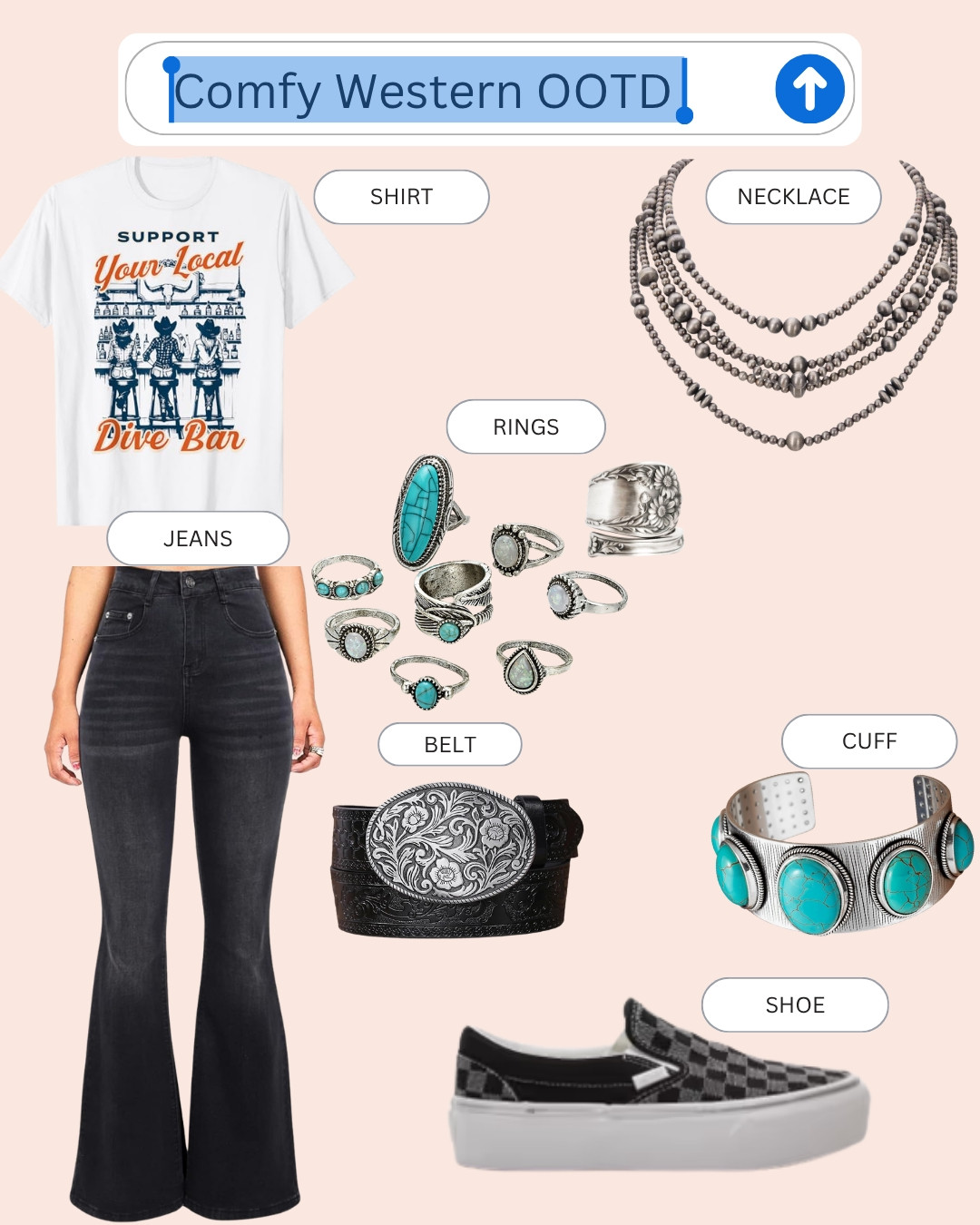 Tell me why putting on bell bottoms and turquoise jewelry instantly makes me feel like I have my life together.
This whole western outfit — graphic tee, bell bottoms, turquoise stack, and platform Vans — is linked on LTK for anyone else in their yeehaw‑but‑make‑it‑cute era.
#WesternFashion #BellBottomOutfit #GraphicTeeOutfit #TurquoiseStack #CasualWestern #LTKFinds

#LTKootd #LTKmomlife