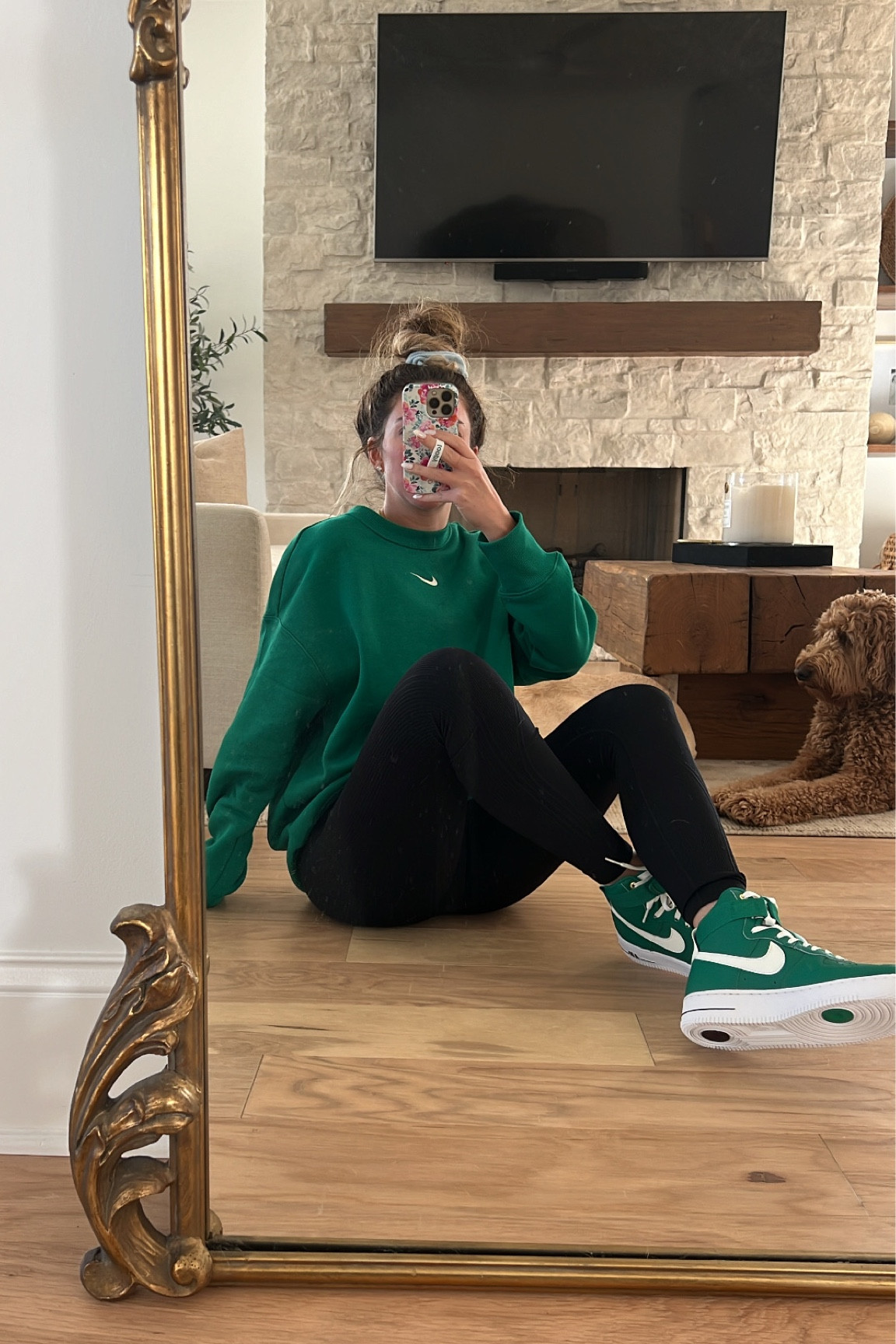 Green Nikes - true to size 
Green Nike crewneck - medium 
Leggings - small 

#LTKstyletip #LTKcurves #LTKfit