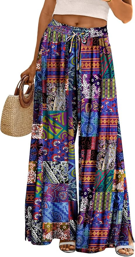YESNO Women Summer Boho Palazzo Pants High Waist Wide Leg Floral Casual Cotton Lounge Trousers wi... | Amazon (US)