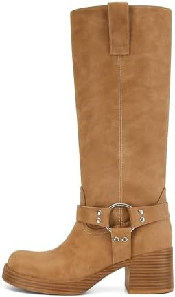 Women's Knee High Riding Boots Chunky Heel Wide Calf Motorcycle Boots with Side Zipper | Amazon (US)