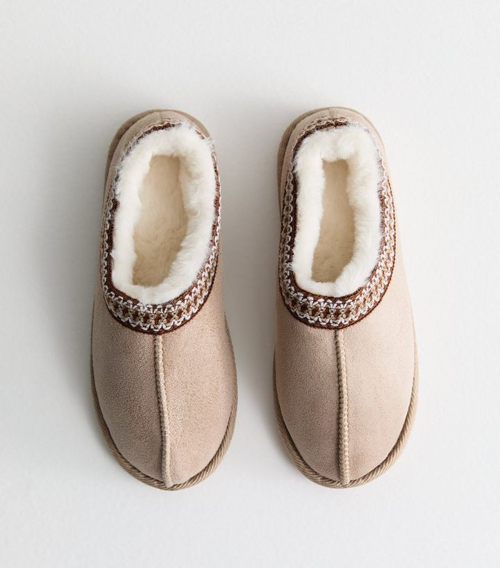 Off White Faux Fur Lined Abstract Print Trim Slipper Boots | New Look | New Look (UK)