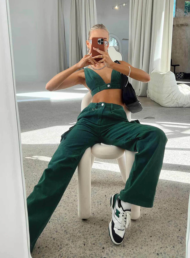 Paige Mid Rise Cargo Jean Denim Green | Princess Polly US