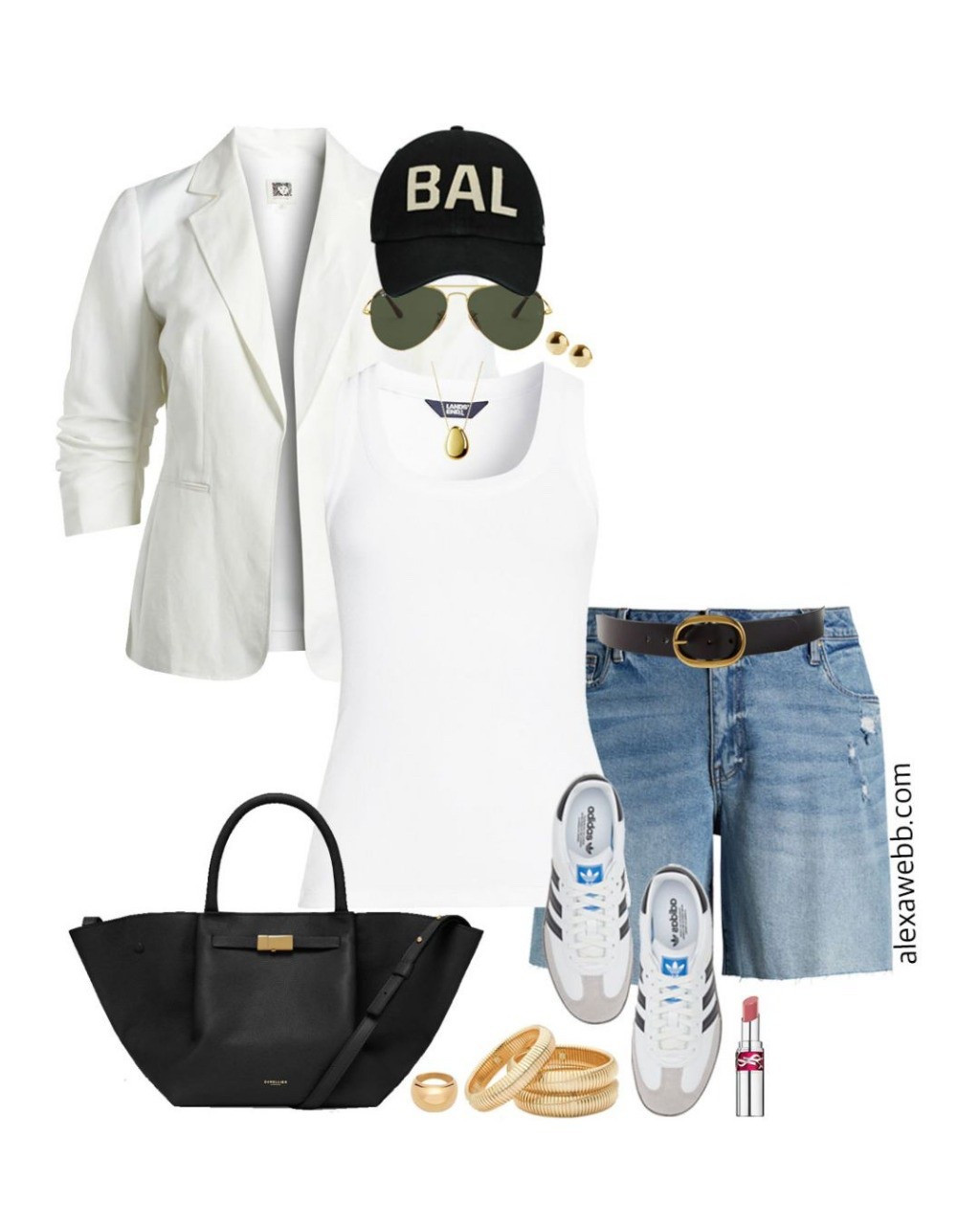 Plus Size White Linen Blazer Outfits - A cute plus size casual outfit for spring and summer with a plus size white linen blazer. Make it a sporty outfit with denim shorts, adidas sneakers, aviator sunglasses, and a baseball cap. Alexa Webb #plussize

#LTKOver40 #LTKStyleTip #LTKPlusSize