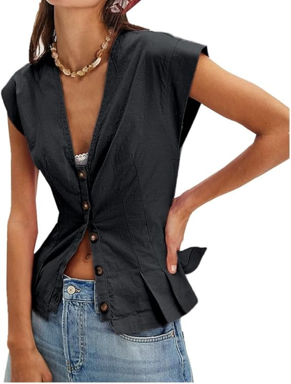 SurBepo Vest Tops for Women V-Neck Button Down Linen Blazer Cap Sleeve Fitted Waistcoat Work Casu... | Amazon (US)
