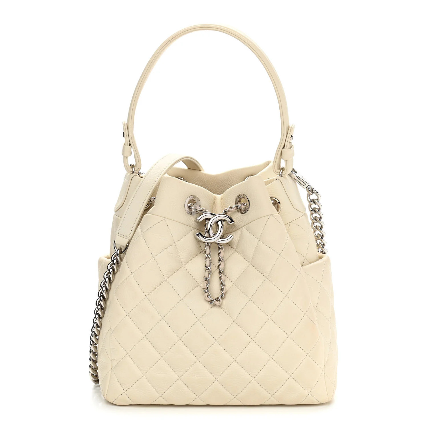CHANEL Caviar Flat Quilted CC Chain Bucket Drawstring Bag Light Beige | FASHIONPHILE (US)