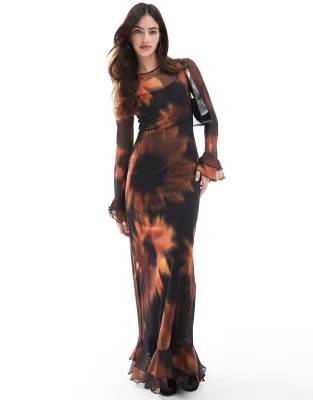 ASOS DESIGN oversized daisy mesh maxi dress in black | ASOS (Global)