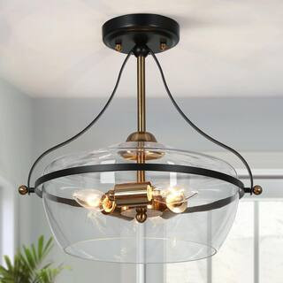 14 in. 3-Light Brass Gold Modern Semi-Flush Mount Ceiling Light with Clear Glass, Black Ceiling Lights for the Hallway | The Home Depot