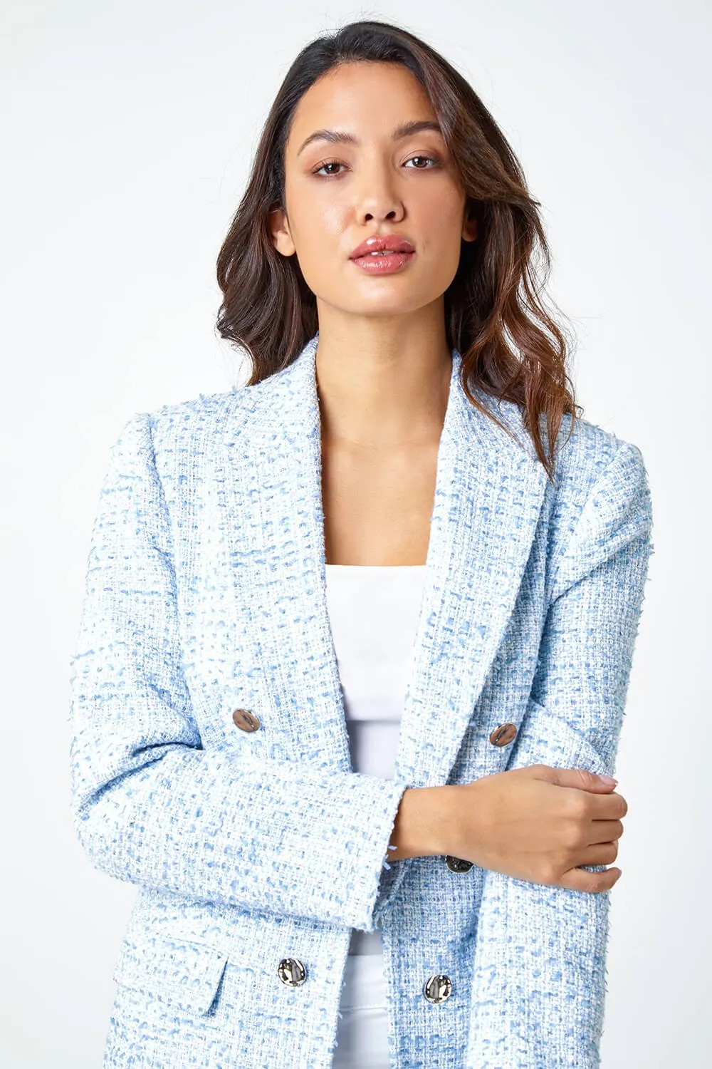 Light Blue Roman Textured Check Boucle Blazer Jacket | Wallis | Wallis UK