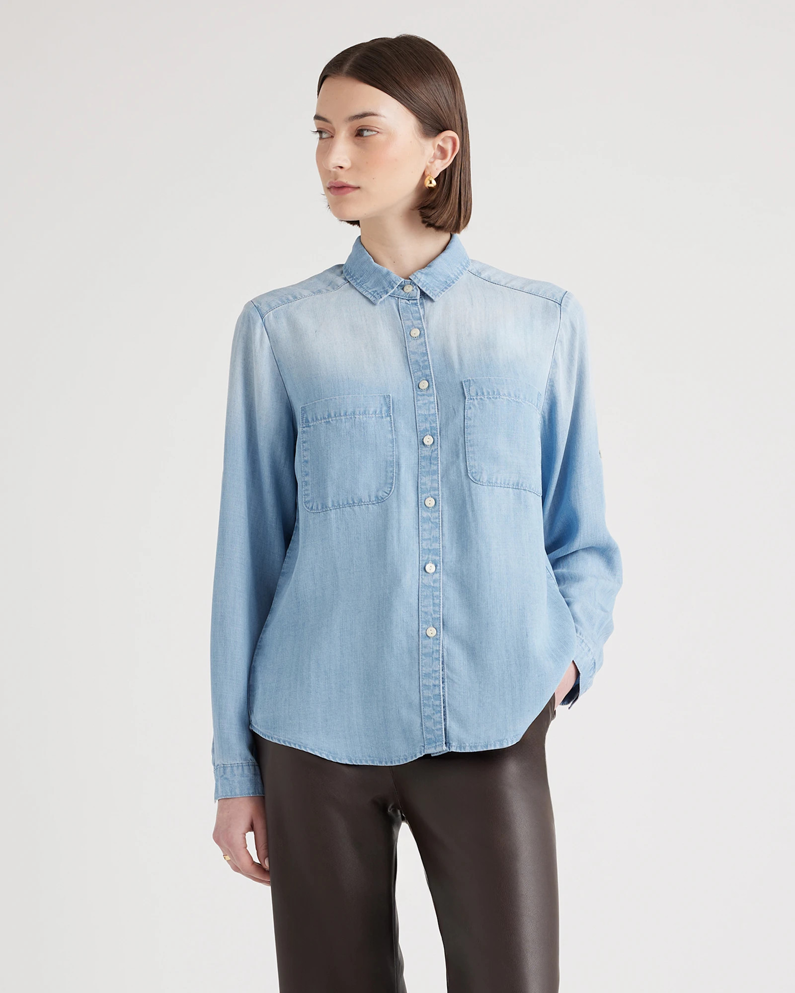 Quince | Women's Chambray Tencel Long Sleeve Shirt in Light Indigo, Size Large | Quince