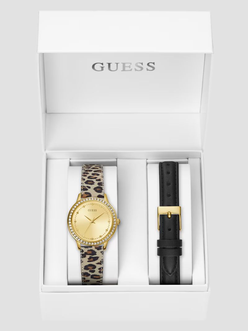 Gold-Tone Crystal Analog Watch with Black Leather Strap | Guess US | Guess (US)